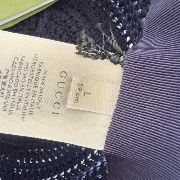 NWT GUCCI  Cotton Crochet Wide Brim Hat M Navy Blue Laerte Sz L - Picture 7 of 8